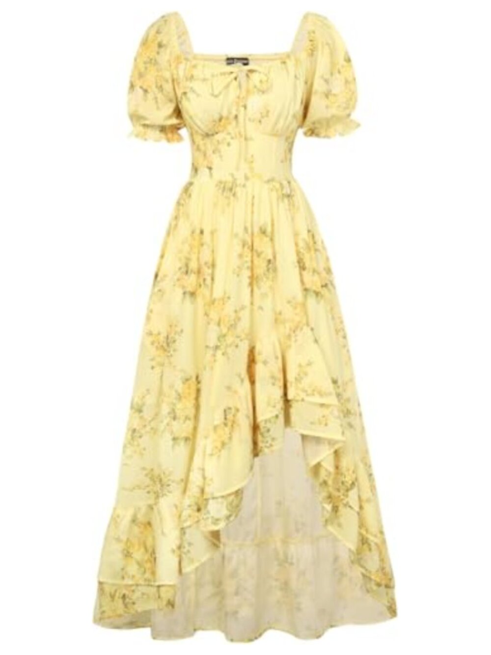 Chiffon Floral Maxi Dress Square Neck Puff Sleeve A-Line Zipper Back Size S